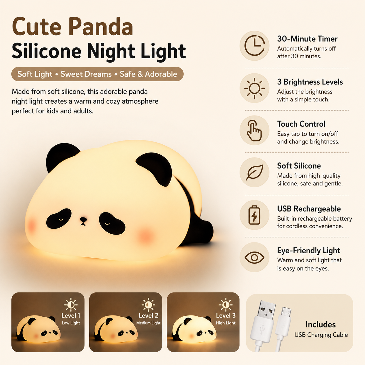 Cute Panda Silicone LED Night Light – Rechargeable Bedside Lamp with Timer