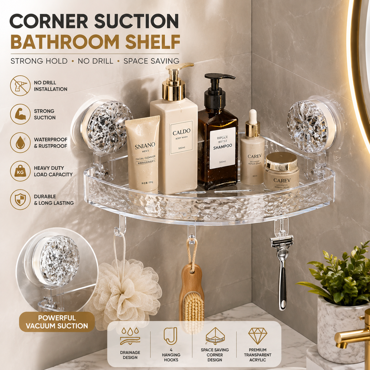 Premium Transparent Corner Suction Bathroom Shelf with Hooks – No Drill Wall Organizer