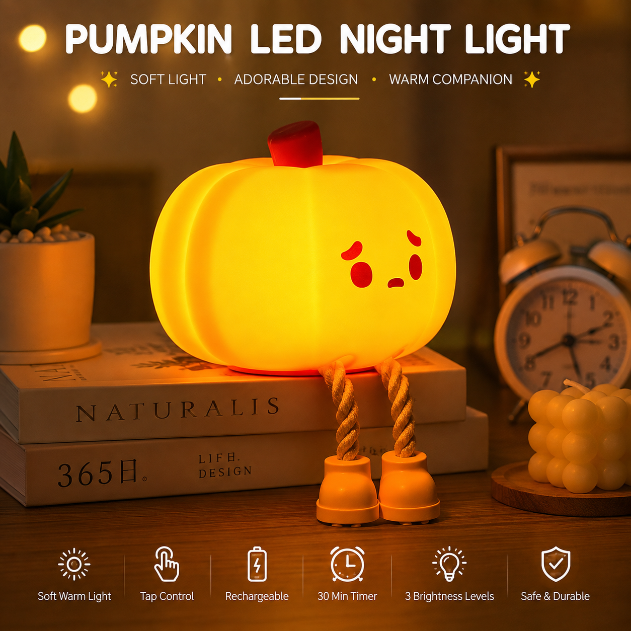 Cute Pumpkin Silicone LED Night Light – USB Rechargeable Touch Lamp