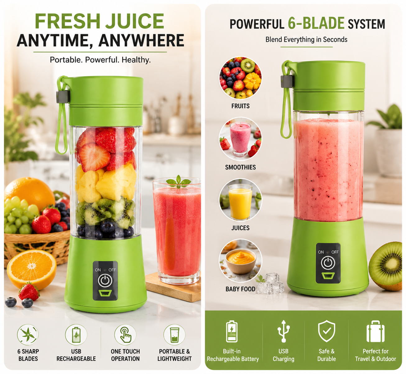 Portable USB Rechargeable 6-Blade Mini Juicer Blender – Travel Smoothie Maker