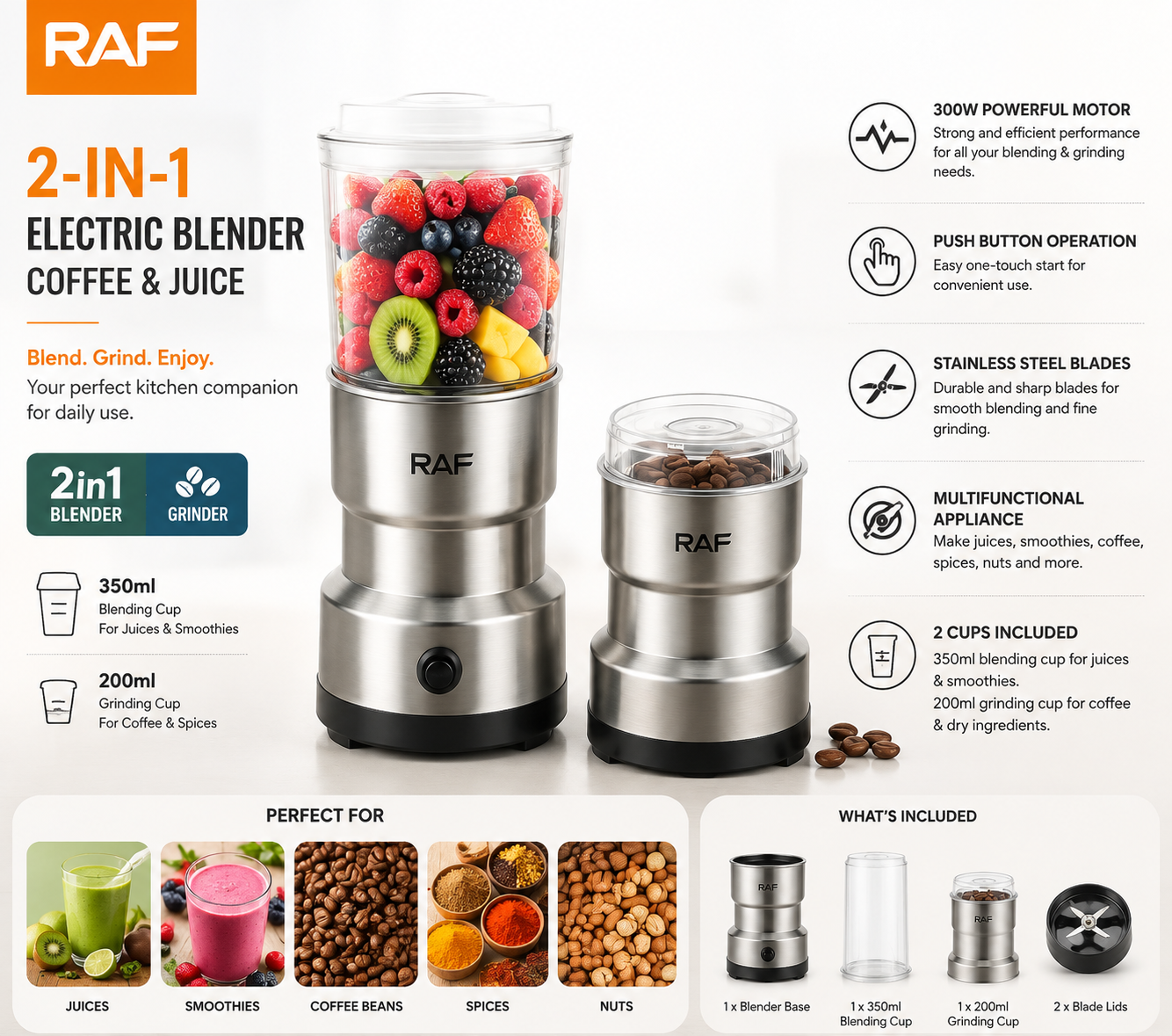 RAF 2-in-1 Electric Coffee & Juice Blender – 300W Multi-Purpose Grinder