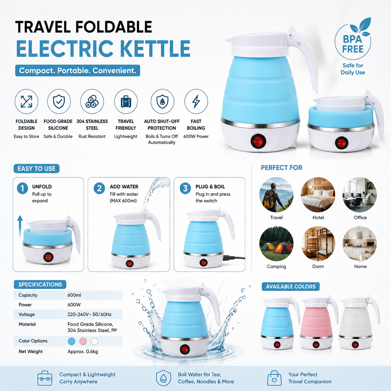 Portable Foldable Electric Travel Kettle – Silicone Collapsible Water Boiler