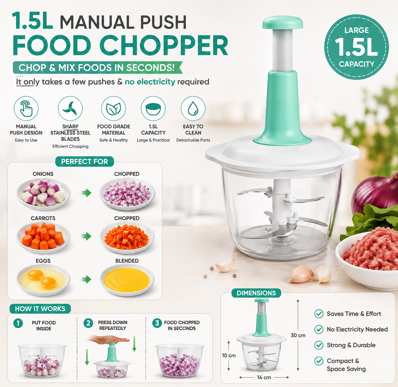 1.5L Manual Push Food Chopper – Multi-Purpose Vegetable & Meat Chopper