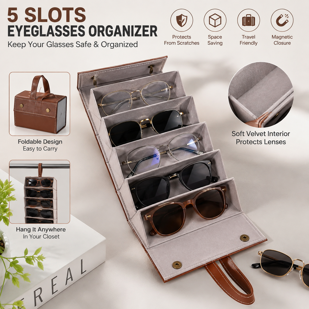 Portable Foldable Eyeglasses Storage Organizer Case – 5 Slot Travel Sunglasses Holder