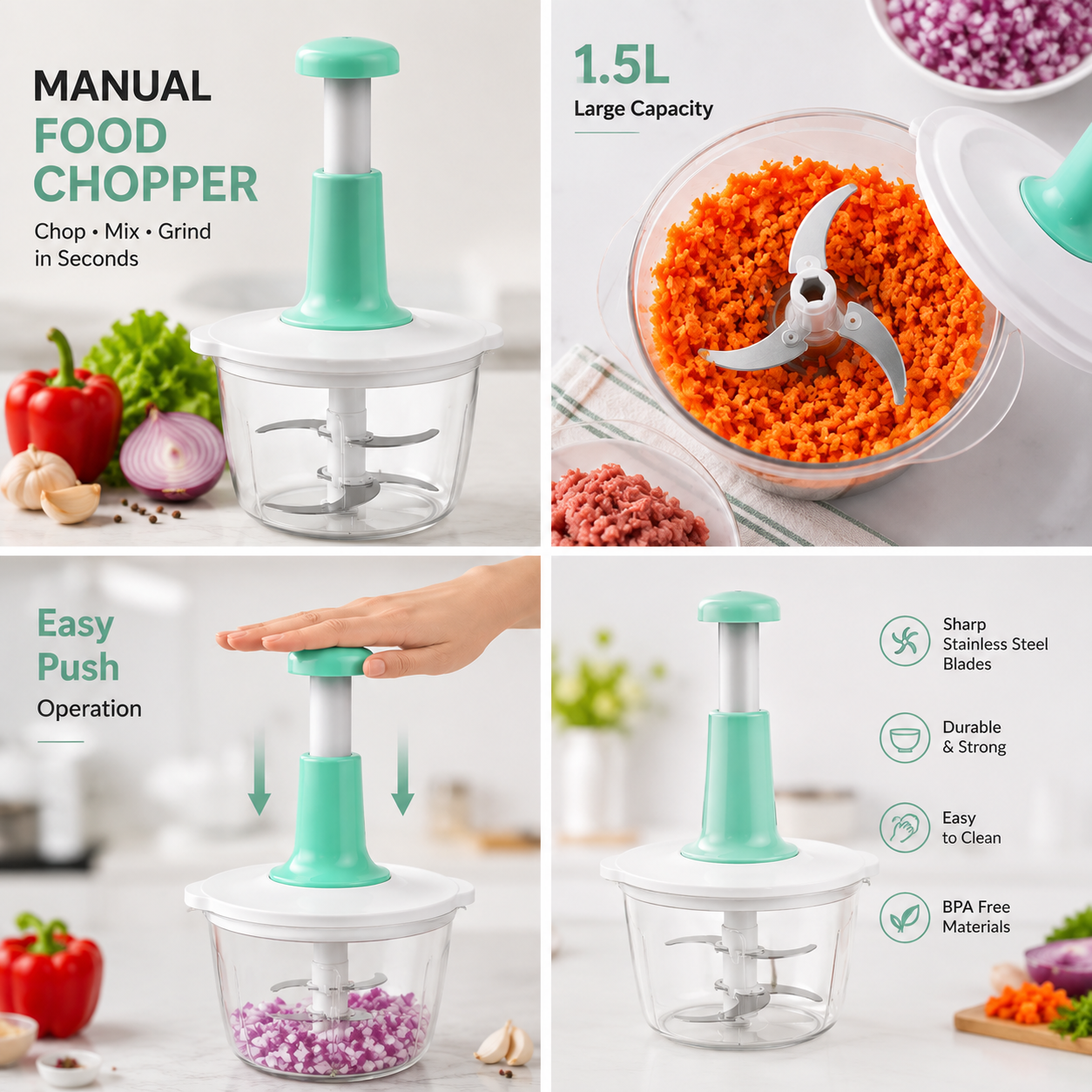 1.5L Manual Push Food Chopper – Multi-Purpose Vegetable & Meat Chopper