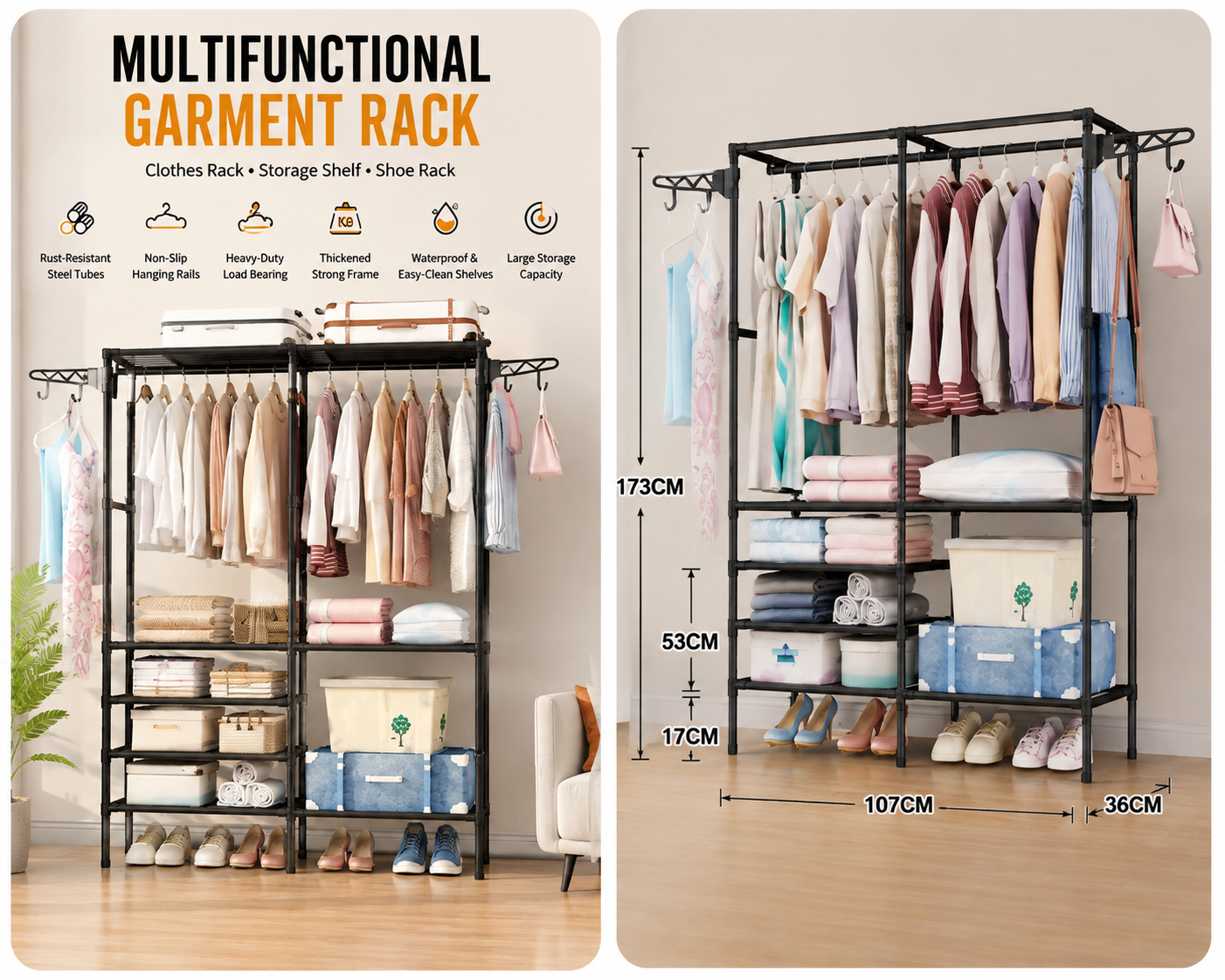 Multifunctional Heavy-Duty Garment Rack with Storage Shelves & Shoe Organizer