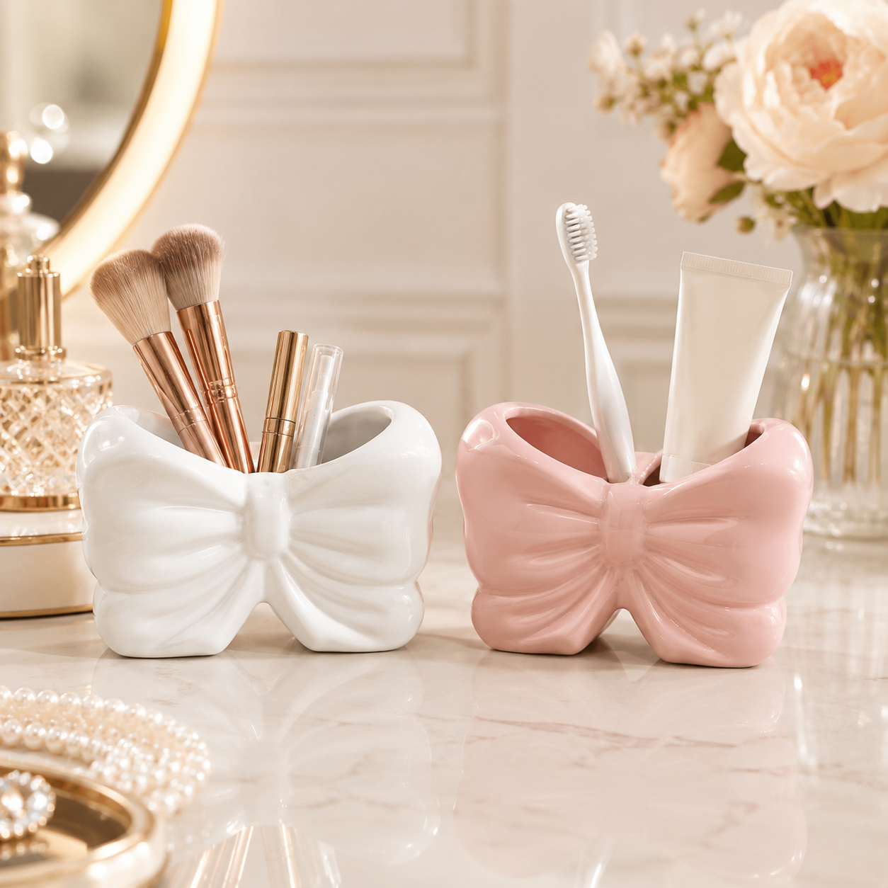 Ceramic Bow Makeup & Bathroom Organizer – Dual Compartment Storage Holder