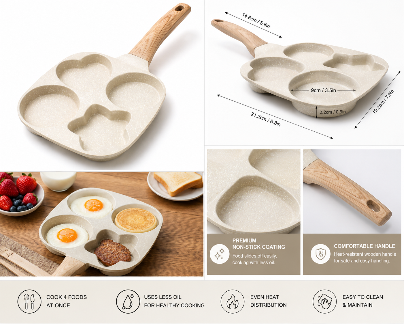4-Hole Non-Stick Breakfast Frying Pan with Wooden Handle