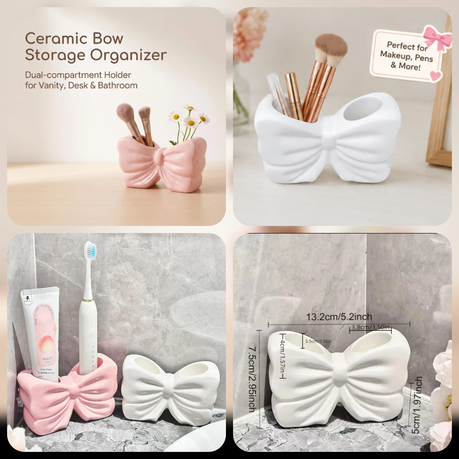 Ceramic Bow Makeup & Bathroom Organizer – Dual Compartment Storage Holder