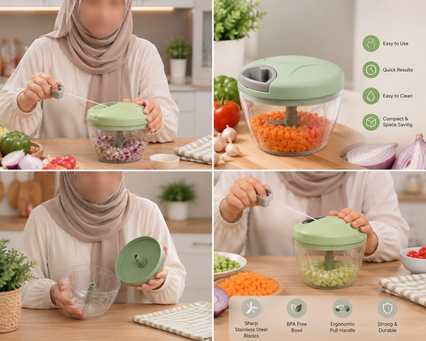 Manual Pull Cord Food Chopper – Quick Vegetable & Fruit Cutter