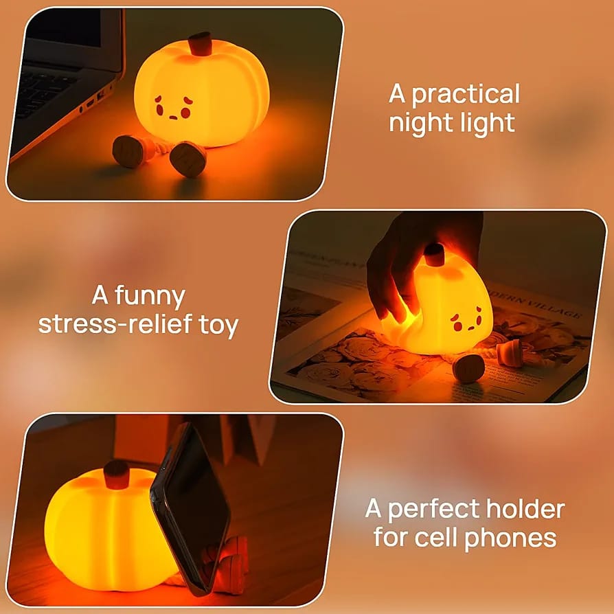 Cute Pumpkin Silicone LED Night Light – USB Rechargeable Touch Lamp