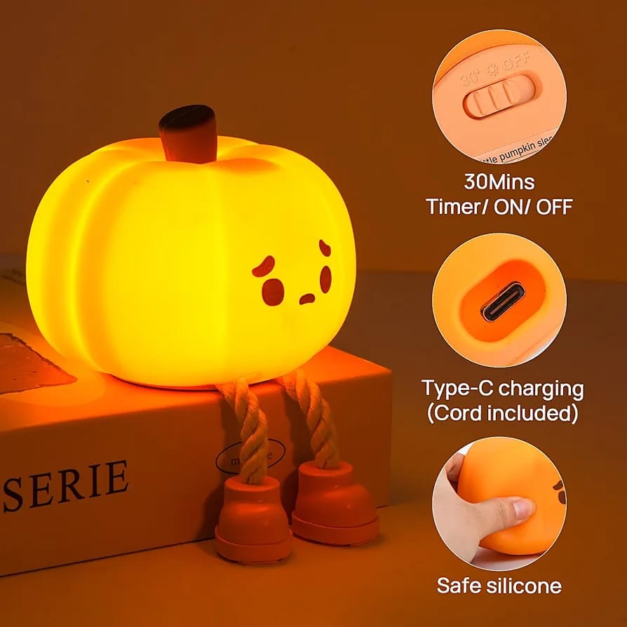 Cute Pumpkin Silicone LED Night Light – USB Rechargeable Touch Lamp