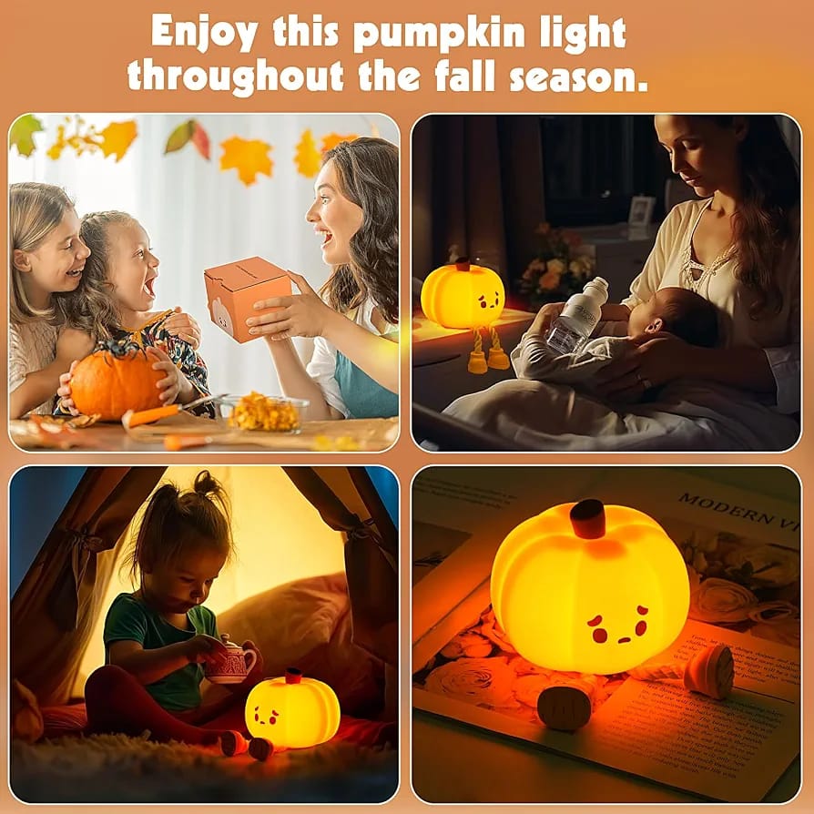 Cute Pumpkin Silicone LED Night Light – USB Rechargeable Touch Lamp