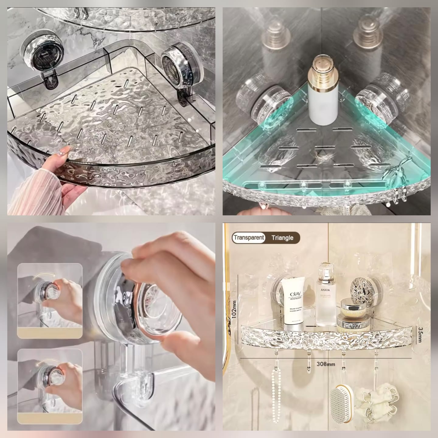 Premium Transparent Corner Suction Bathroom Shelf with Hooks – No Drill Wall Organizer