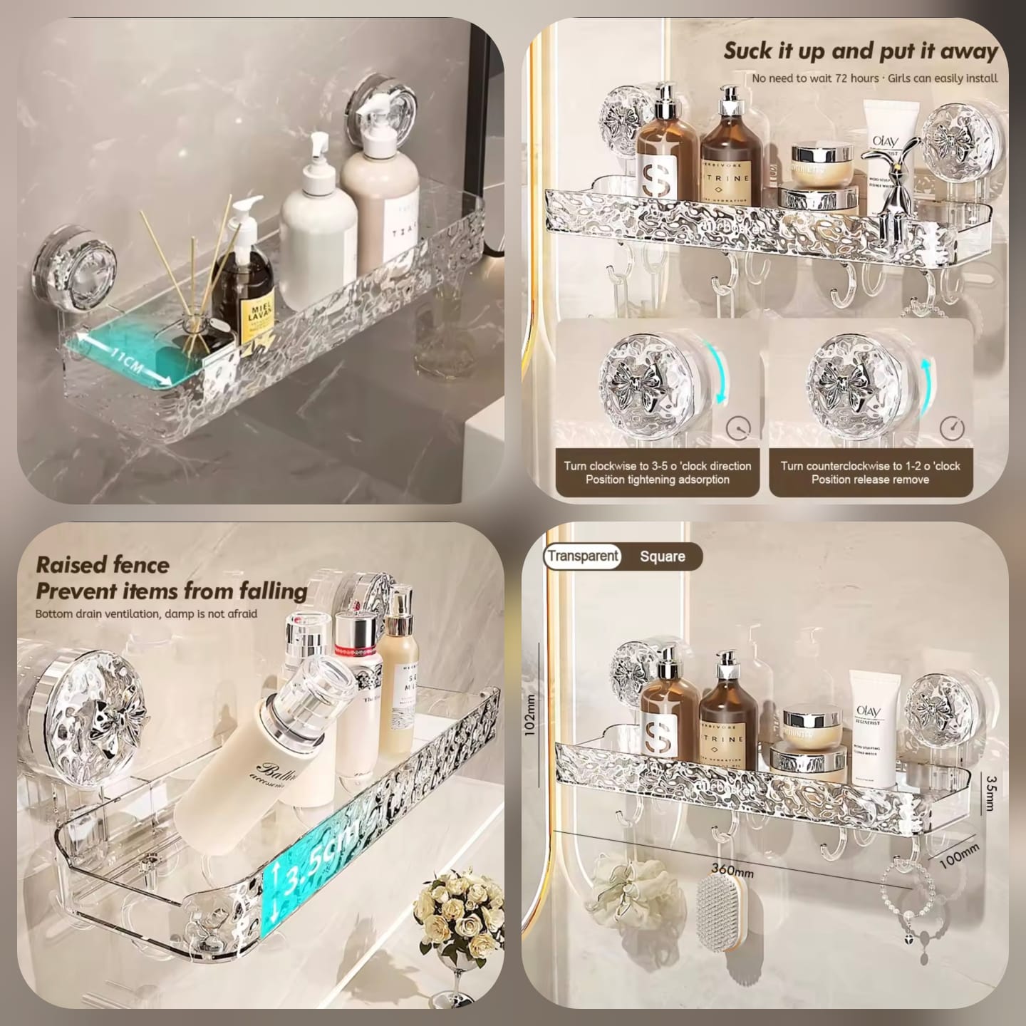 Premium Transparent Wall Mounted Suction Bathroom Shelf with Hooks