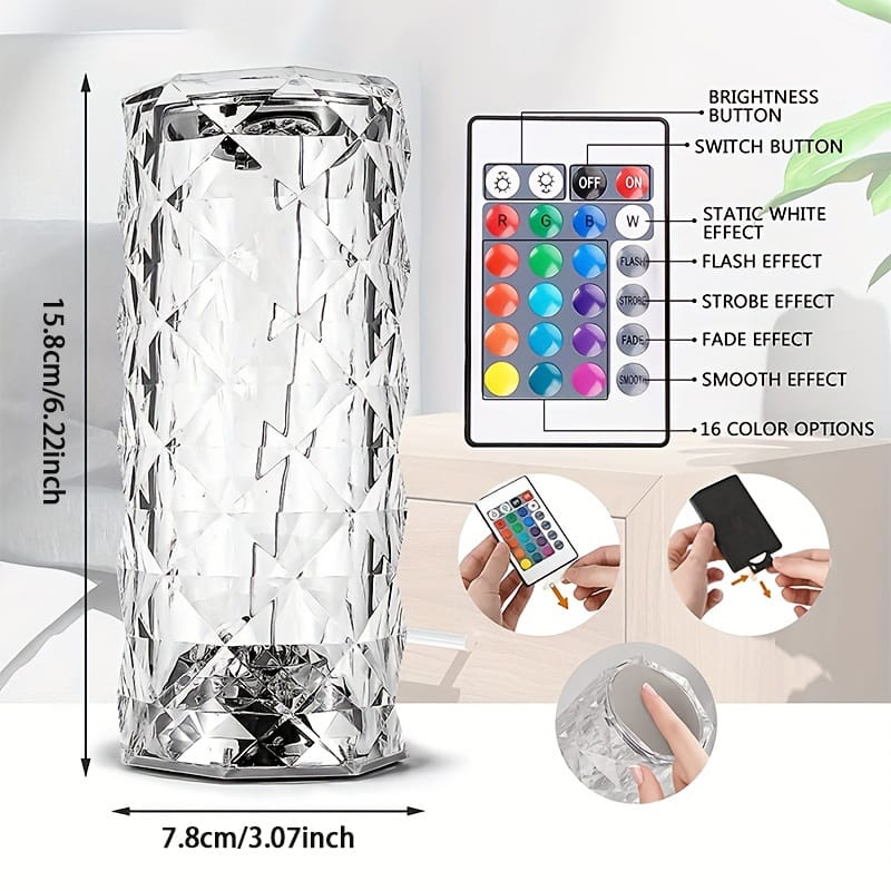 Crystal RGB Diamond Table Lamp – 16 Colors Rechargeable LED Touch Lamp with Remote