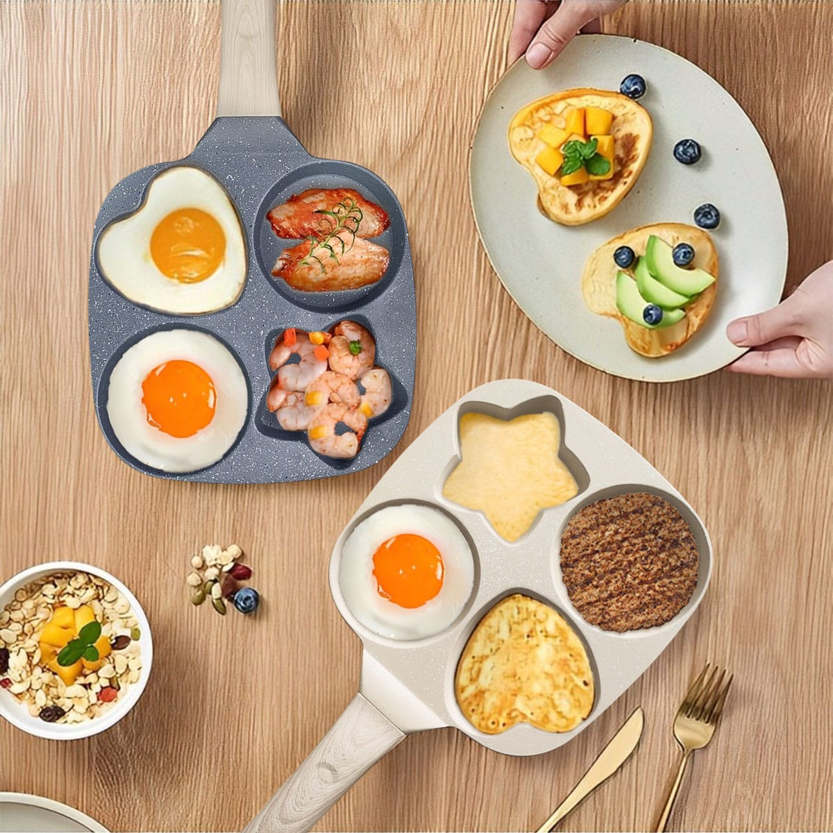 4-Hole Non-Stick Breakfast Frying Pan with Wooden Handle