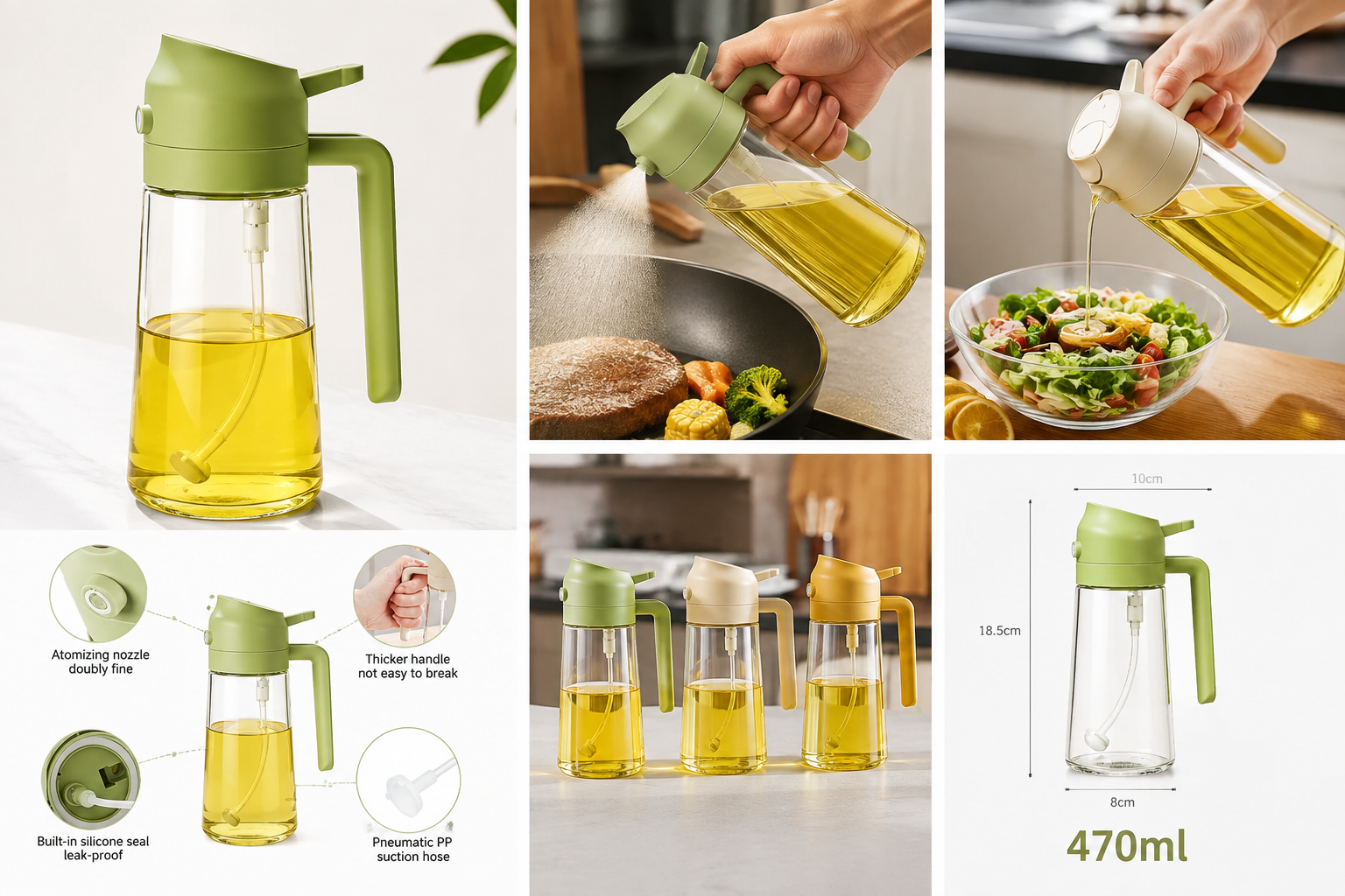 470ml Premium Glass Oil Sprayer Bottle – 2-in-1 Cooking Oil Dispenser
