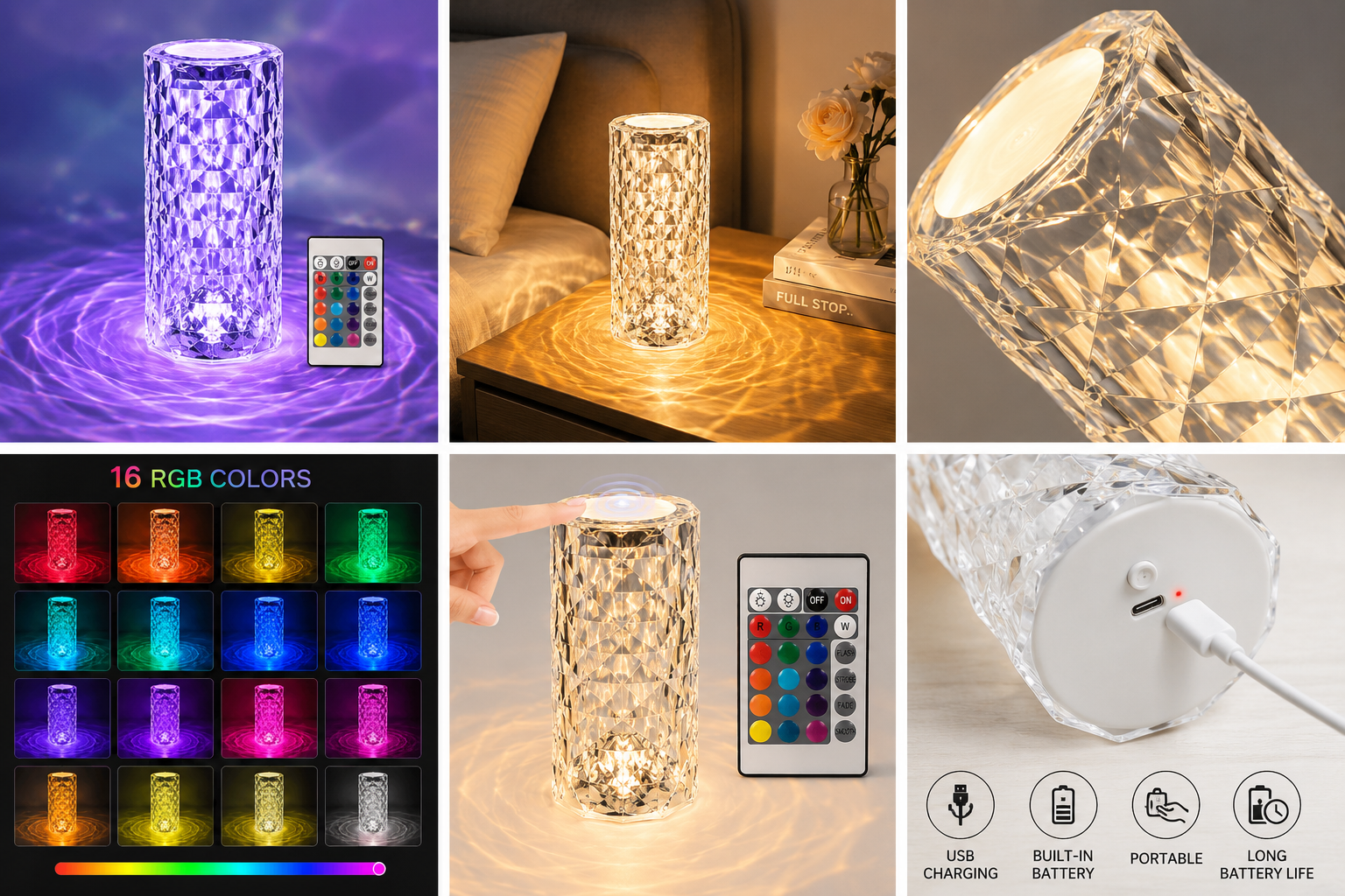 Crystal RGB Diamond Table Lamp – 16 Colors Rechargeable LED Touch Lamp with Remote