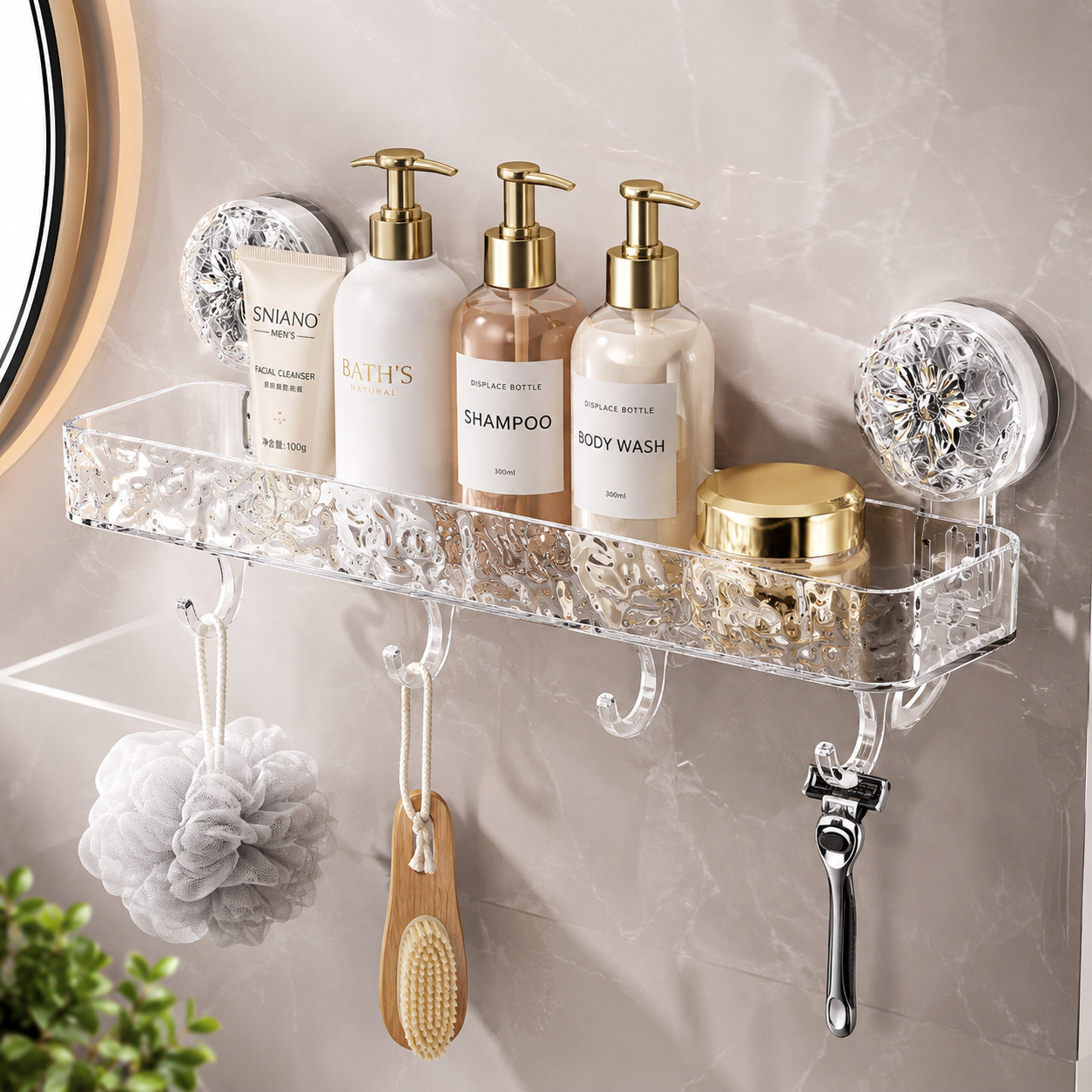 Premium Transparent Wall Mounted Suction Bathroom Shelf with Hooks