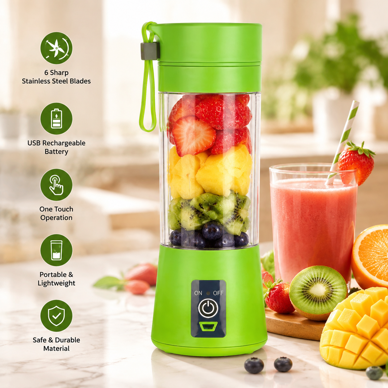 Portable USB Rechargeable 6-Blade Mini Juicer Blender – Travel Smoothie Maker