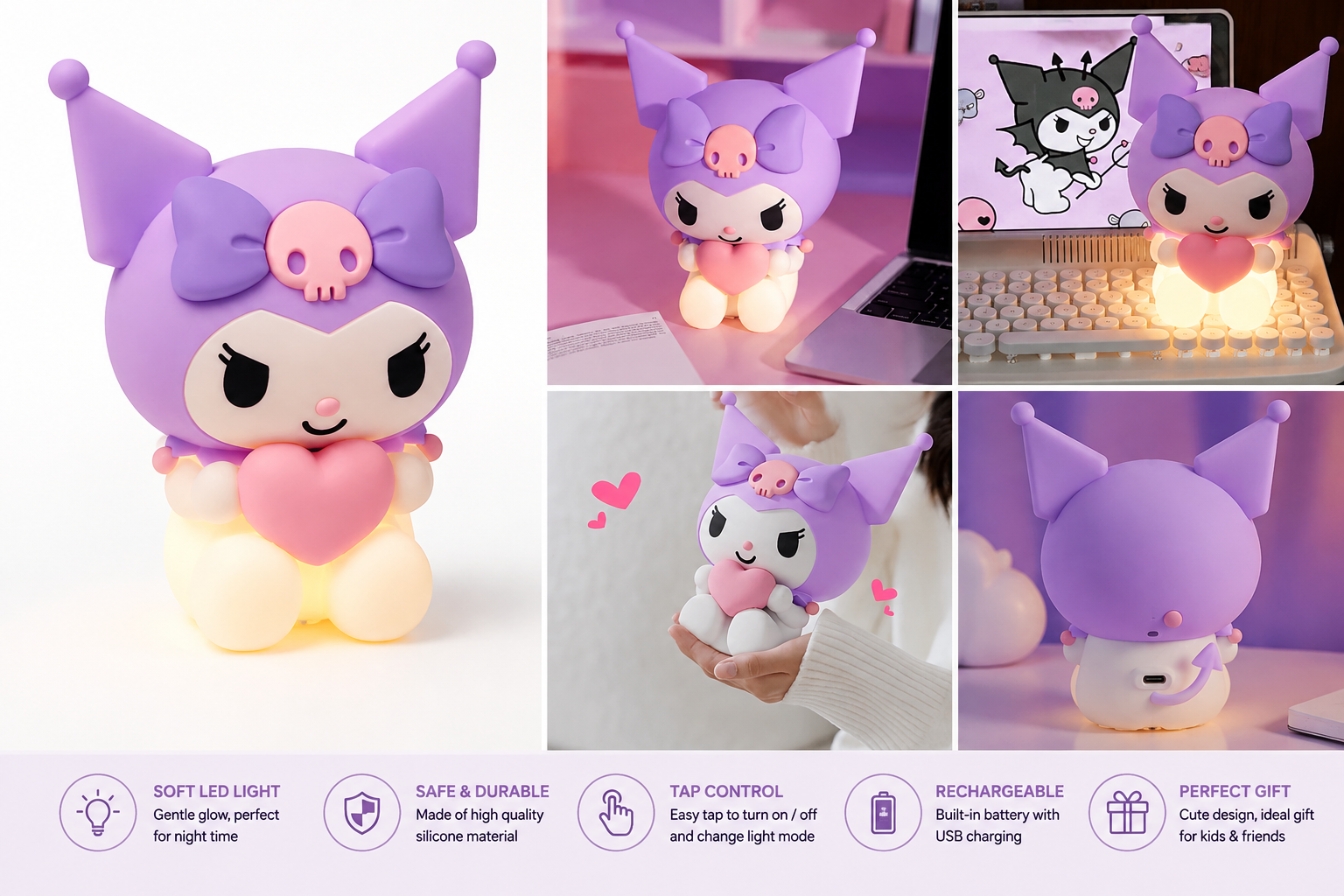 Kuromi Silicone LED Night Light – Rechargeable Cute Bedside Lamp with Heart
